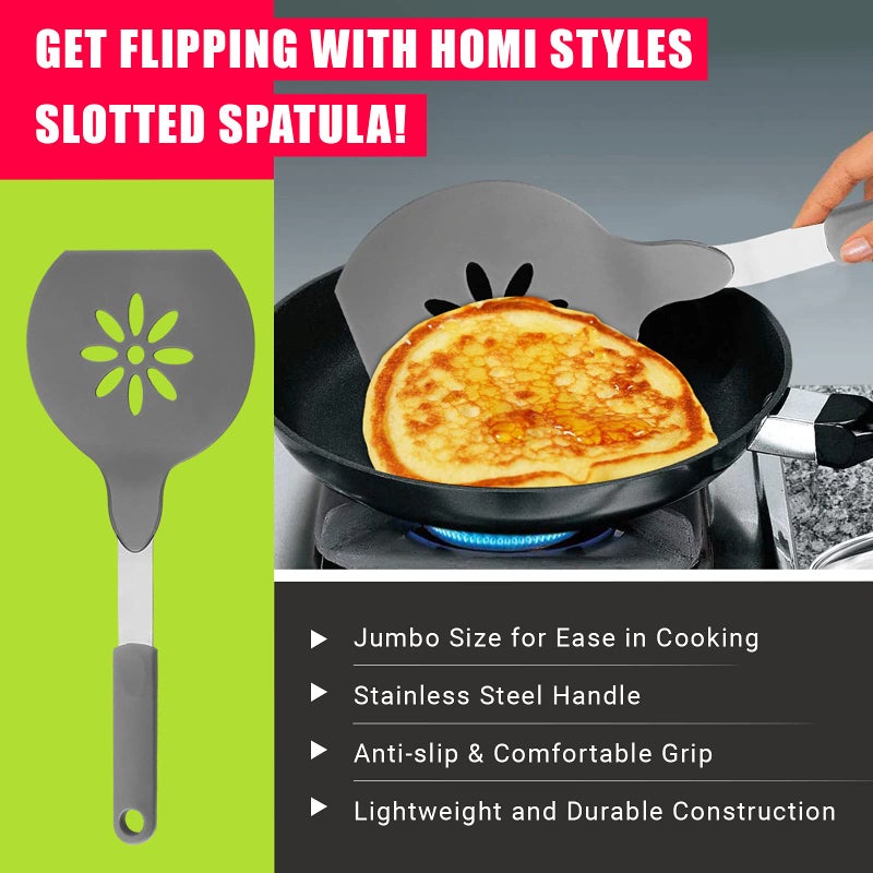 Homi styles ملعقة هومي ستايلز جومبو نايلون، غير لاصقة وآمنة في غسالة الصحون - مثالية للطهي، والقلب، والتقديم، رائعة لقلب الفطائر، ومقلب البيض - ملعقة كبيرة جداً بحجم 15 × 6.5 بوصة (رمادي) - Image 2